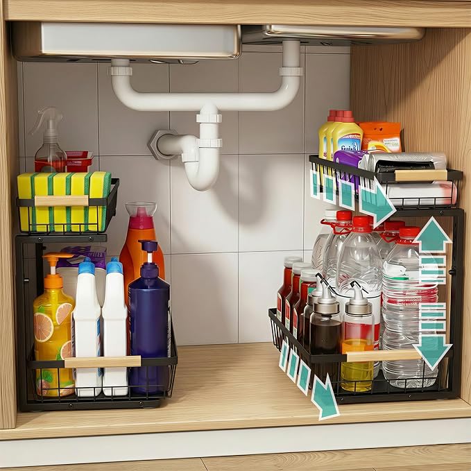 Under Sink Organizer, 2 Tier Pull Out Cabinet Organizers and Storage for Kitchen Bathroom Pantry Laundry, Adjustable Height, Slide Out Thickened Metal Storage Shelf (Black, 1 Pack) by Unknown