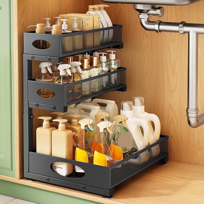 Kitstorack Under Sink Organizer 3-Tier Slide Out Drawer 1-Pack Black | Height Adjustable, Metal Mesh Storage Rack, Pull out Cabinet Organizer Shelf for Bathroom Kitchen Pantry Home Organization by Kitstorack