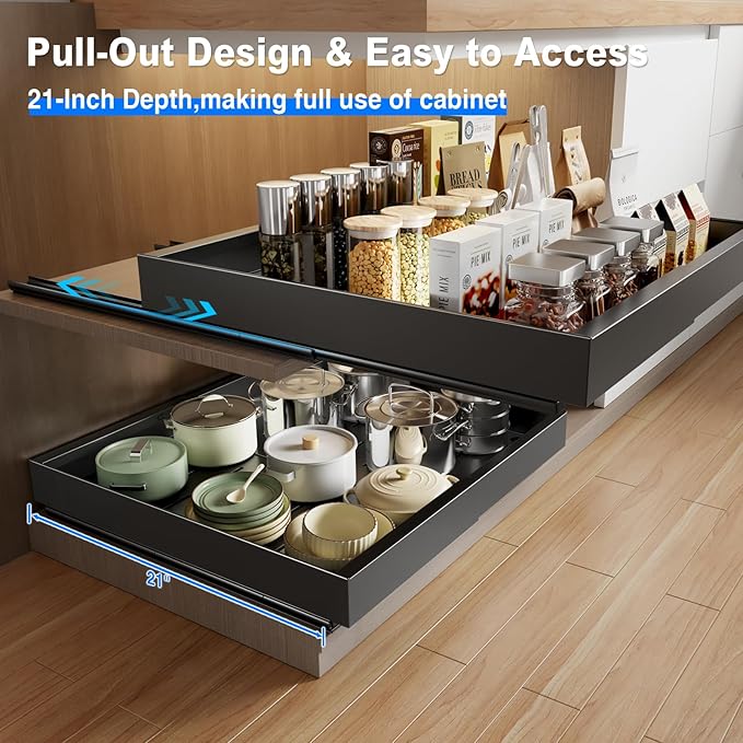 MUSTORN 2 Pack Pull Out Cabinet Organizer Expandable, 21"Deep Slide Out Drawer for Cabinets Adhesive Pull Out Drawers Heavy Duty Pull Out Shelves for Kitchen, Cupboard, Pantry, Bathroom(Black) - Image 4
