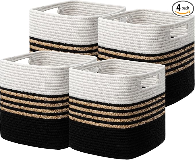 UBBCARE Set of 4 Storage Cubes 13 X 13 X 13 in, Water Hyacinth Storage Bins for Shelves, Toys, Book, Storage Baskets with Handles, Cotton Rope Woven Baskets for Organizing, Black by UBBCARE