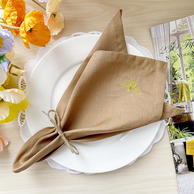 DerF HOME Embroidered Linen Napkins, Mustard Yellow, Set of 4, 18x18 | 100% Pure Linen Cloth Dinner Napkins with Elegant Embroidery, Reusable Washable Table Napkins for Fall Decor, Party & Dining by DERFHOME