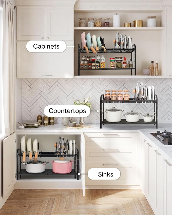 HULISEN Pots and Pans Organizer Under Cabinet, 2-Tier Expandable Pot Rack | 10 Dividers for Lid Separation, 5-Level Adjustable Height, Kitchen Cookware Pan Holder Shelf, Carbon Steel Frame - Image 6