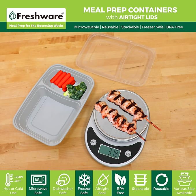 Freshware Meal Prep Containers with Lids 28 oz [25 Pack] 2-Compartment Food Storage Containers, Bento Box Lunch Containers, BPA Free, Airtight, Stackable, Reusable, Microwave/Dishwasher/Freezer Safe - Image 2