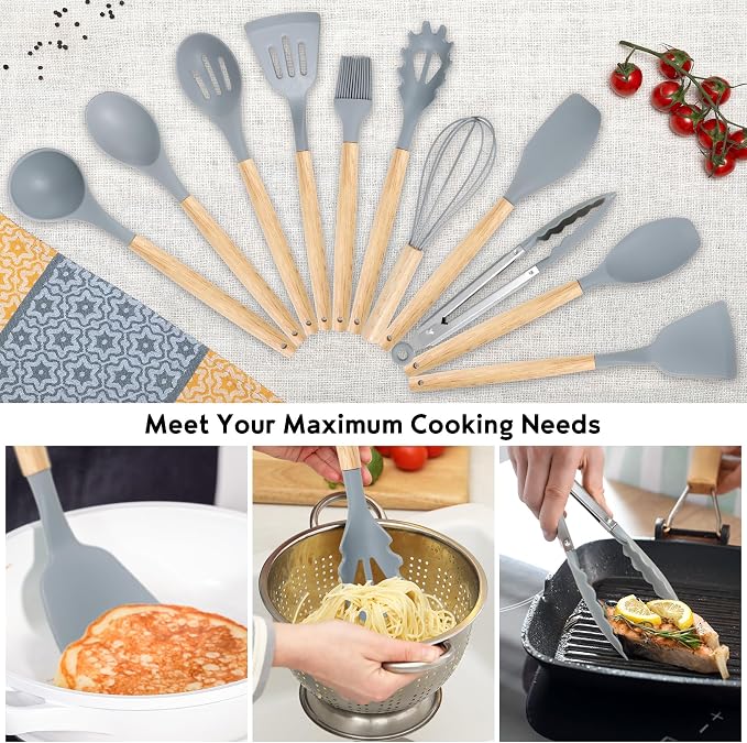 19PCS Gray Kitchen Cooking Utensils Set Kitchen Tools Set | 6 Stainless Steel Knives, 11 Silicone Utensils with 1 Cutting Board, Ideal for Apartment - Image 3