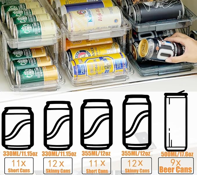 2-Pack Adjustable Can Dispenser for Refrigerator & Pantry - Expandable Width (6.23"-9.37") Gravity-Fed Organizer, Stackable Drink Holder Fits Standard/Tall Cans & Energy Drinks, BPA-Free (Clear-1) - Image 2