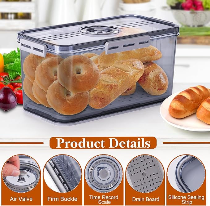 ANYPROLUS Bread Box for Homemade Bread Boxes for Kitchen Counter Airtight, Time Recording Bread Storage Container with Lid, Bread Containers Storage Airtight Loaf Bread Keeper, Grey - Image 2
