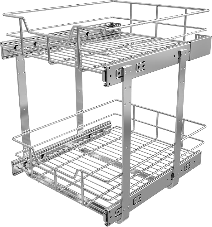2 Tier Pull Out Cabinet Organizer 15" W X 17" D, Chromed, Full Slide Out | For Kitchen Organizers and Storage, Pull Out Drawers For Cabinets Capacity Heavy Duty Caddy, Cabinet Shelves, Bathroom Pantry by STORKING