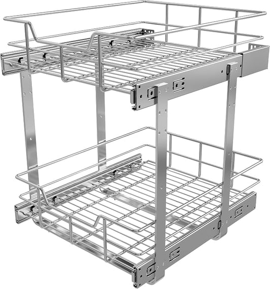 2 Tier Pull Out Cabinet Organizer 15" W X 17" D, Chromed, Full Slide Out | For Kitchen Organizers and Storage, Pull Out Drawers For Cabinets Capacity Heavy Duty Caddy, Cabinet Shelves, Bathroom Pantry by STORKING