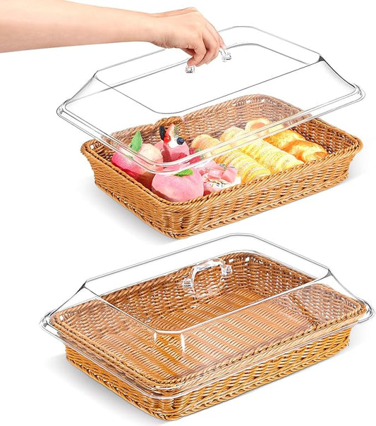 Mumufy 2 Pack Wicker Large Bread Basket with Acrylic Lid Housewarming Gift Woven Rectangular Imitation Rattan Fruit Basket with Cover for Serving Food Display Tabletop Home Kitchen(15.75x11.81'') by Mumufy