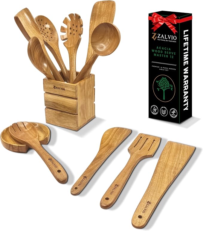 Zalvio 12-Piece Acacia Wood Kitchen Utensil Set – Wooden Spoons with Holder & Spoon Rest | Handmade Cooking Tools in Premium Gift Packaging by Zalvio