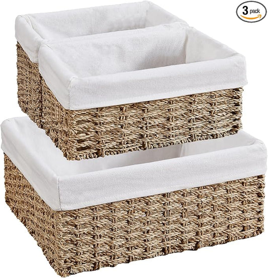 Wicker Basket, Seagrass Wicker Storage Basket with Built-in Handles, Baskets for Organizing, 15'' Large Storage Baskets for Shelves with Liner bathroom organizer (3-Pack Seagrass Baskets Set) by Vagusicc