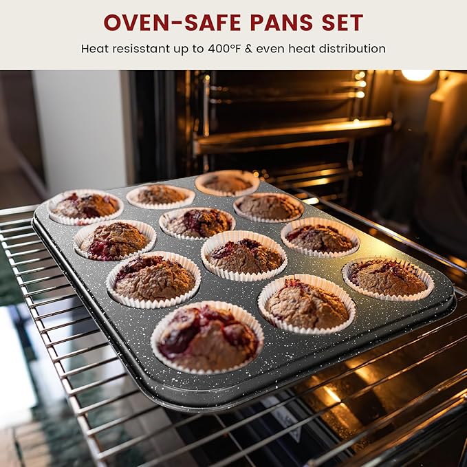 Terlulu 10-Piece Baking Pans Set, Bakeware Sets Nonstick, Baking Set for Oven Cooking, Stackable Carbon Steel Set Include Cookie Sheets, Muffin Pan, Cake Pan, Pizza Pan, Loaf Pan, Roasting Pan, Black - Image 4
