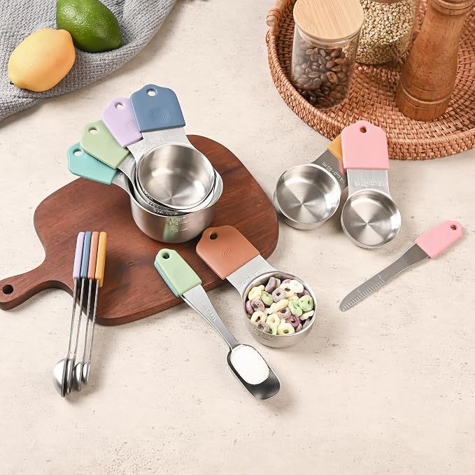 Magnetic Measuring Cups & Spoons Set 15, Stainless Steel Measuring Cups and Spoons Set, Color Heavy Duty Metal Measuring Cups&Spoons Set w/Leveler & Measure Equivalents for Cooking & Baking - Image 7