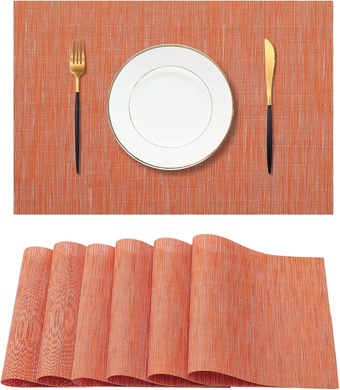 Leetaltree Orange Placemats Set of 6 - Heat Resistant Non-Slip Place mats for Dining Table, Washable Durable PVC Vinyl Woven Table Mats（Orange, 6） by Leetaltree-ArtatEveryTable