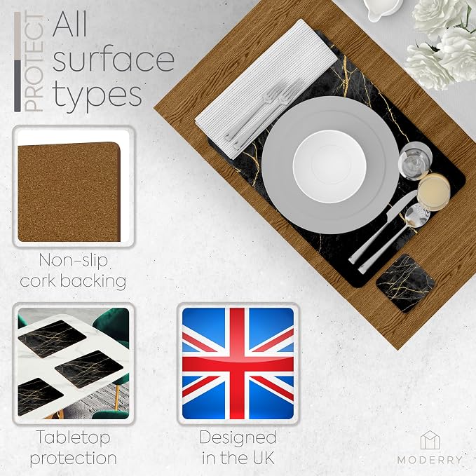 Set of 4 Heat Resistant Cork Placemats for Dining Table with Free Set of 4 Matching Drink Coasters Marble Design 16 x 12 Inches Cork Backed Hard Placemats (Black & Gold) - Image 5