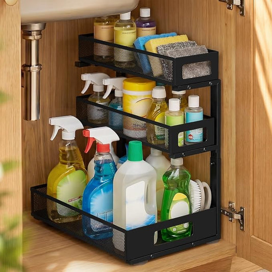 3 Tier Under Sink Organizer,1 Pack Pull Out Cabinet Shelves with Adjustable Height,Heavy Duty Carbon Steel L-Shaped Storage for Kitchen Bathroom Sink,Pantry & Laundry,Black by Unknown