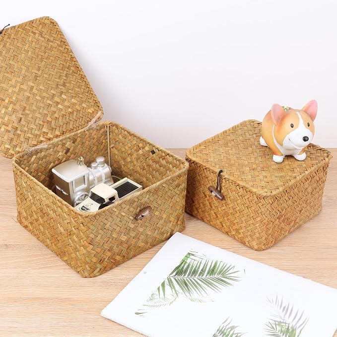 Moosky Wicker Shelf Baskets with Lid, Handwoven Seagrass Storage Basket Bins Square Gift Boxes for Shelves Home Decor Organizer (Natural, Set of 4) - Image 5