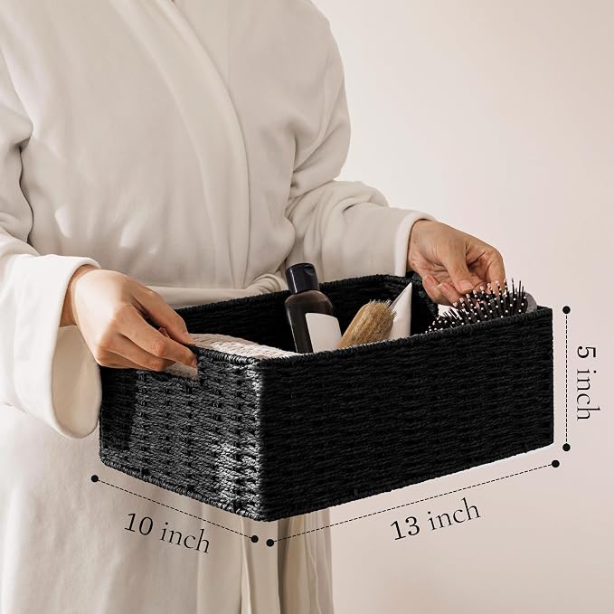 joybest Black Wicker Baskets for Shelves, Hand-woven Storage Baskets | 13L x 10W x 5H inch for Pantry, Kichen Organizing, Foldable Rectangular Bin with Handles, 2-pack - Image 3