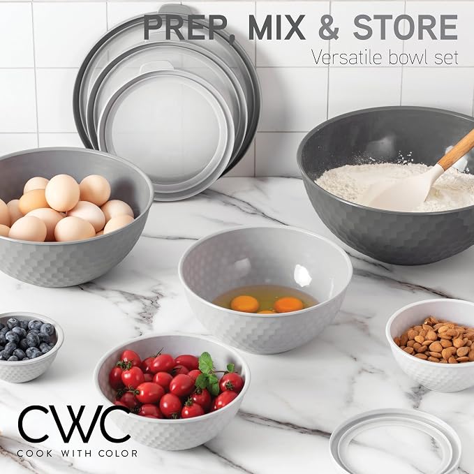 COOK WITH COLOR Mixing Bowls with Lids - 12 Piece Plastic Nesting Bowls Set includes 6 Prep Bowls and 6 Lids, Microwave Safe Mixing Bowl Set, Grey Embossed - Image 8