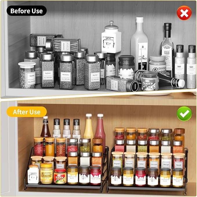 2 Pack Spice Rack Organizer for Cabinet, Depth Adjustable 4 Tier Spice Rack | Black, Metal Spice Organization for Cabinet, Easy Visibility, Tiered Spice Rack Perfect for Cabinet, Pantry and Countertop - Image 2