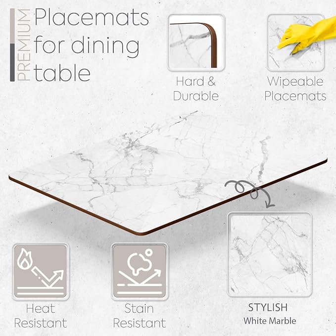 Set of 4 Heat Resistant Cork Placemats for Dining Table with Free Set of 4 Matching Drink Coasters Marble Design 16 x 12 Inches Cork Backed Hard Placemats (White Marble) - Image 2