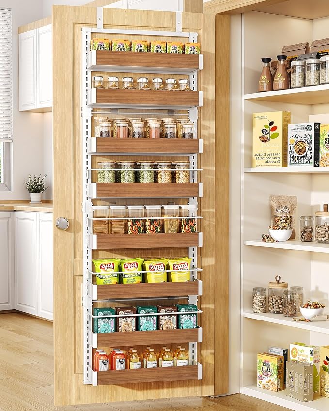 SNTD 8 Tiers Wooden Over the Door Organizer, 17" W x 6" D x 69" H, Walnut | Pantry Door Organizers and Storage, Height Adjustable Spice Rack, Dense Mesh Baskets, Anti-Swing, Adjustable Door Fastener by SNTD