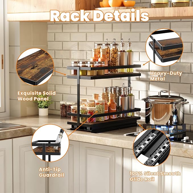 Pull Out Spice Rack 2Pcs Metal & Wood Seasoning Organizer Black | No-Drill Install | Full-Extension Silent Glide | Each Tier Holds 10–12 Standard Spice Bottles | Rustproof, Wipe-Clean Surface - Image 4