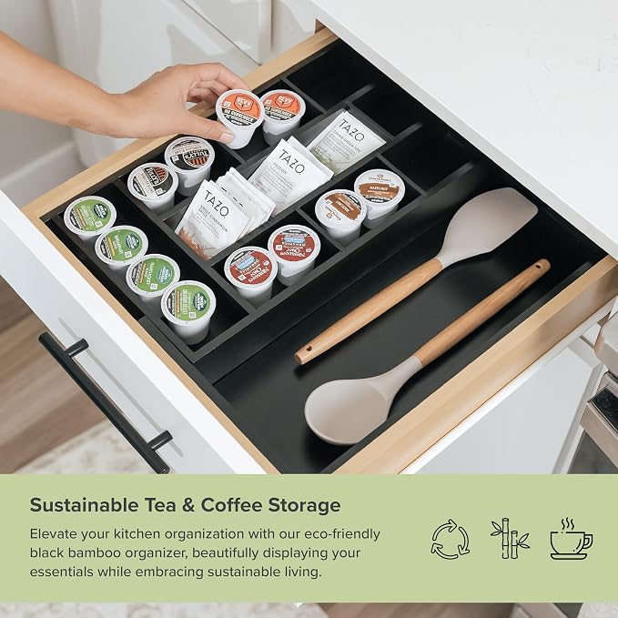 Tea Bag & Coffee Pod Organizer, 9.7-17 in, Black Bamboo | 10 storage compartments, adjustable wall inserts, non-slip feet, food-safe - Image 5