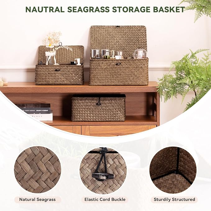 Nonam Small Basket with Lid, Natural Seagrass Bin with Lid, Shelf Baskets Multipurpose Container for Boho Decoration, Rectangular Household Storage Boxes for Home Organization-Coffee - Image 6