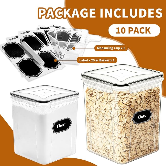Flour Sugar Storage Containers, 10 Pack Large Airtight Food Storage Containers with Lids for Kitchen Pantry Organization and Storage, BPA Free Plastic Canisters Sets for Cereal, Rice and Baking - Image 3