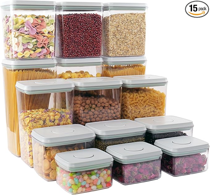 Pop Containers with Lids Stackable Food Storage Containers 15pc | Airtight Kitchen Pantry Storage Containers for Snacks Candy Salt Herbs Spices BPA-Free (0.5 + 1.2 + 2.0 + 2.7 + 3.3 Qt) * 3 by CozeyDaily