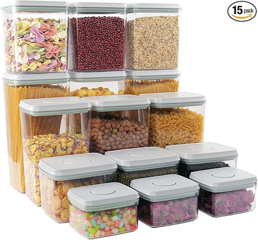 Pop Containers with Lids Stackable Food Storage Containers 15pc | Airtight Kitchen Pantry Storage Containers for Snacks Candy Salt Herbs Spices BPA-Free (0.5 + 1.2 + 2.0 + 2.7 + 3.3 Qt) * 3 by CozeyDaily
