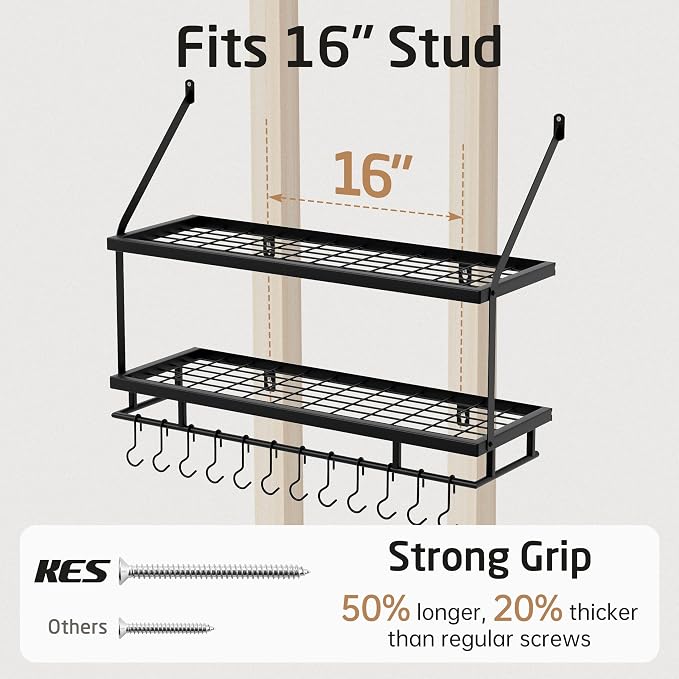 KES 30-Inch Kitchen Pot Rack - Mounted Hanging Rack for Kitchen Storage and Organization - Matte Black 2-Tier Wall Shelf with Guard Rail for Pots and Pans Organizer with 12 Hooks - KUR215S75B-BK - Image 5