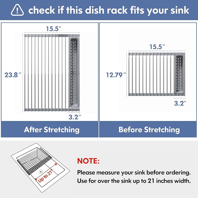 JASIWAY Roll Up Dish Drying Rack for Kitchen Sink with Utensil Holder | Foldable Expandable Stainless Steel Over Sink Dish Drainer, Silicone Wrapped, Multipurpose Portable Sink Drying Mat, Gray - Image 5