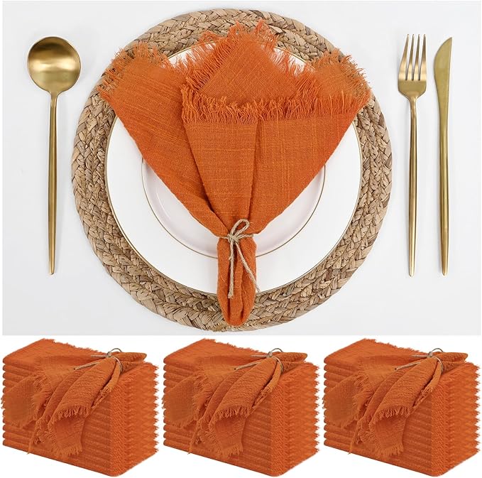 Orange Cotton Linen Napkins - 36 Pack, 16 x 16 Inch, Handmade With Fringe by ABKLESACH