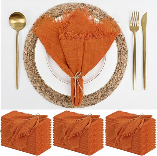 Orange Cotton Linen Napkins - 36 Pack, 16 x 16 Inch, Handmade With Fringe by ABKLESACH