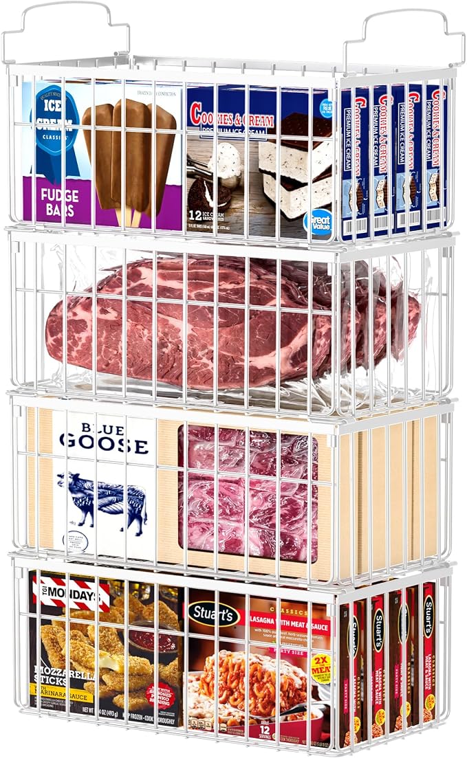 Freezer Organizer Bins, 4 Pack Big Baskets for 5/ 7 Cu.FT Deep Freezer | Stackable Chest Freezer Organizer Bins, Foldable Baskets with Handles, White Storage Container Baskets for Sort Frozen Meats by MSERCUOR
