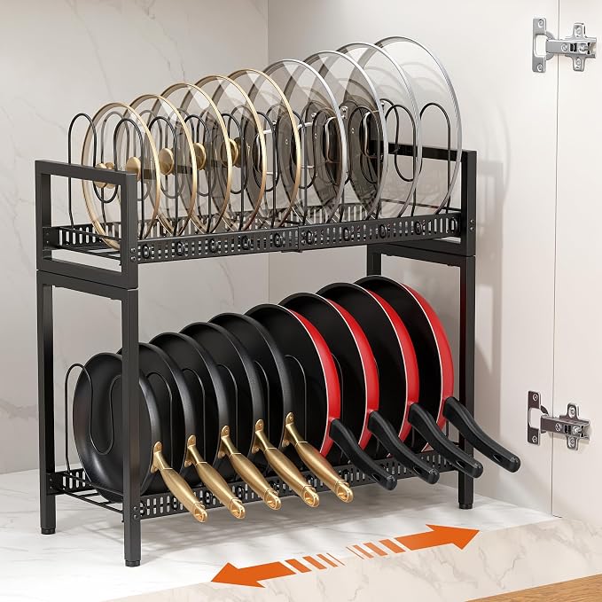 Housolution 2 Tier Expandable Pot and Pan Lid Organizer Holder Rack | 12"-20" Expandable, Adjustable Dividers, 2 DIY Methods for Flexible Storage by Housolution