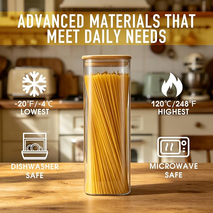 D2scrma 71oz Glass Square Storage Containers with Bamboo Lids Set of 3 (2100ml) Tall Food Storage Canisters Kitchen Jars for Pantry Organization Pasta, Penne, Macaroni, Lasagna, Fusilli - Image 4