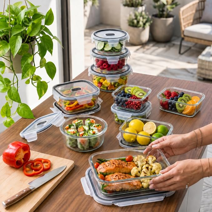 24-Piece Reusable Glass Meal Prep Containers, Meal Prep Glass Containers with Airtight Lids, Leakproof Glass Food Storage Containers, Glass Containers with Lids, Oven Freezer Safe, Black Lids - Image 4