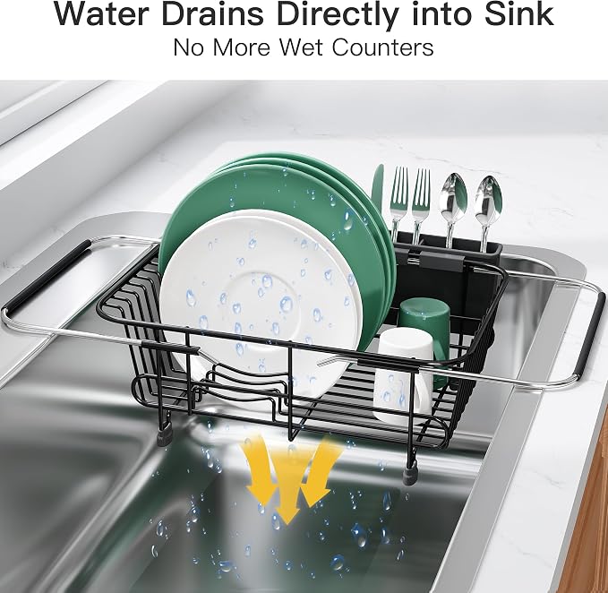 JASIWAY Black Dish Drying Rack in Sink with Utensil Holder, RV, Apartment | Over Sink Expandable Stainless Steel Dish Drainers for Compact Kitchen, Space Saving, Fast Drain, Rustproof, For 1-2 people - Image 6