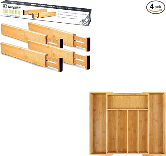 Utoplike 4 pcs Bamboo Kitchen Drawer Dividers Cutlery Tray Silverware by Utoplike