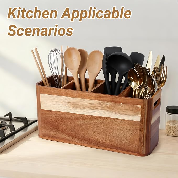 2PC Wooden Kitchen Utensil Holder for Countertop - Wall-mountable Large 4+3 Compartment Acacia Wood Organizer, Rustic Minimalist Utensil Crock for Cooking Tools and Flatware Storage - Image 5