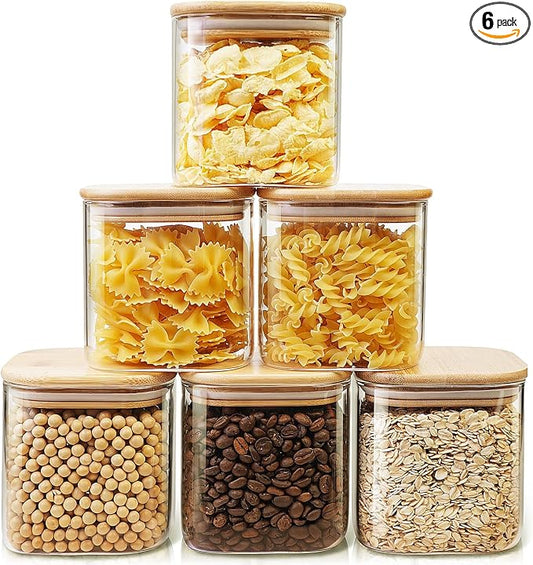 27 oz Square Glass Food Storage Containers with Airtight Bamboo Lids, 6Pack | Stackable Small Pantry Jars for Spices, Nuts & Seeds , 3mm Borosilicate Glass Canisters Keep Food Fresh, Easy to Fill & Clean by HomArtist