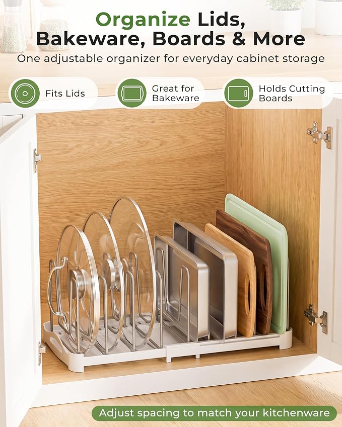 EVERIE Adjustable Bakeware Organizer Pot Lid Holder Rack for Pots, Cake Molds, Cutting Boards, Mats, Cookware, GS02SS, Pack of 2 - Image 2