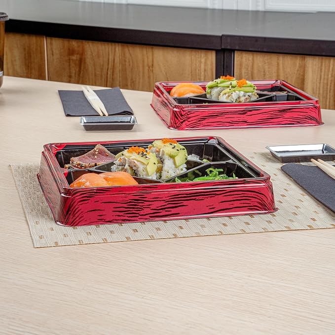 Restaurantware Bento Tek 18.6 Ounce Meal Prep Containers, 100 Disposable To Go Food Boxes - Lids Sold Separately, 5 Compartments, Red And Black Plastic Bento Lunch Boxes, Freezable, For Take Out - Image 6