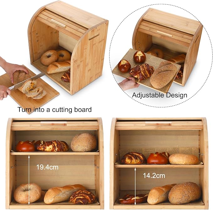 G.a HOMEFAVOR Bread Box, 2 Layer Bamboo Bread Boxes for Kitchen Food Storage, Large Capacity Bread Keeper Roll Top with Removable Layer, 15" x 9.8" x 14.2", 15 mm Thickness (Self-assembly) | Roll Top Bread Keeper with Removable Layer, Large Capacity, 1... - Image 3