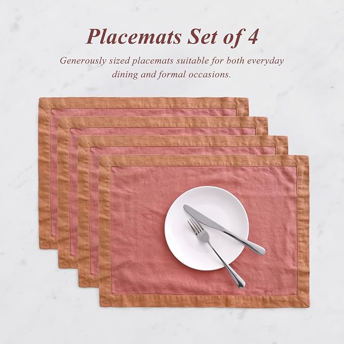 Linen World 100% French Linen Placemats Set of 4,21 x 15 Inch Double Layer Table Mats,Washable Heavyweight Placemats for Holiday Dining Kitchen Decor,Clay Red with Hazelnut Contrast Border - Image 6
