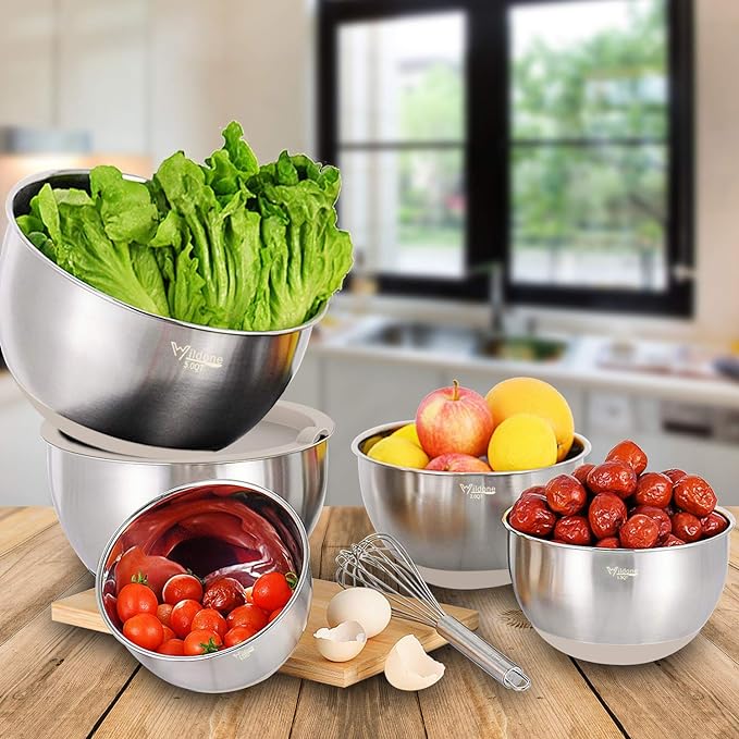 Wildone Mixing Bowls with Airtight Lids Set, 5PCS Stainless Steel Khaki Nesting Bowls for Kitchen, with Grater Attachments & Non-Slip Bottoms, Size 5, 3, 2, 1.5, 0.63 QT, Great for Mixing & Serving - Image 6