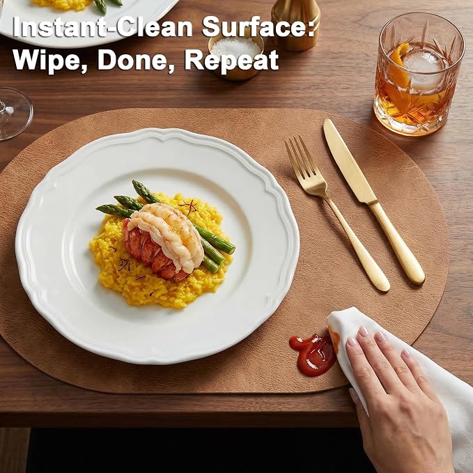 Oval Placemats 2mm Ultra Thick Faux Leather Table Mats, Heat Resistant Waterproof Wipeable Dining Mats for Kitchen Table, Set of 8, Light Brown - Image 4